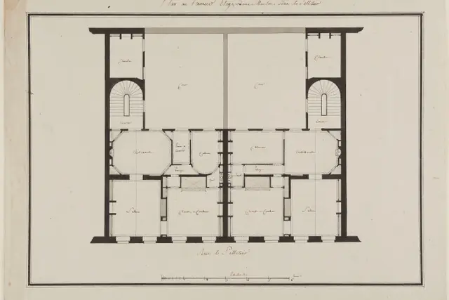 Dessin ancien en coupe et élévation d'une maison sur plusieurs niveaux